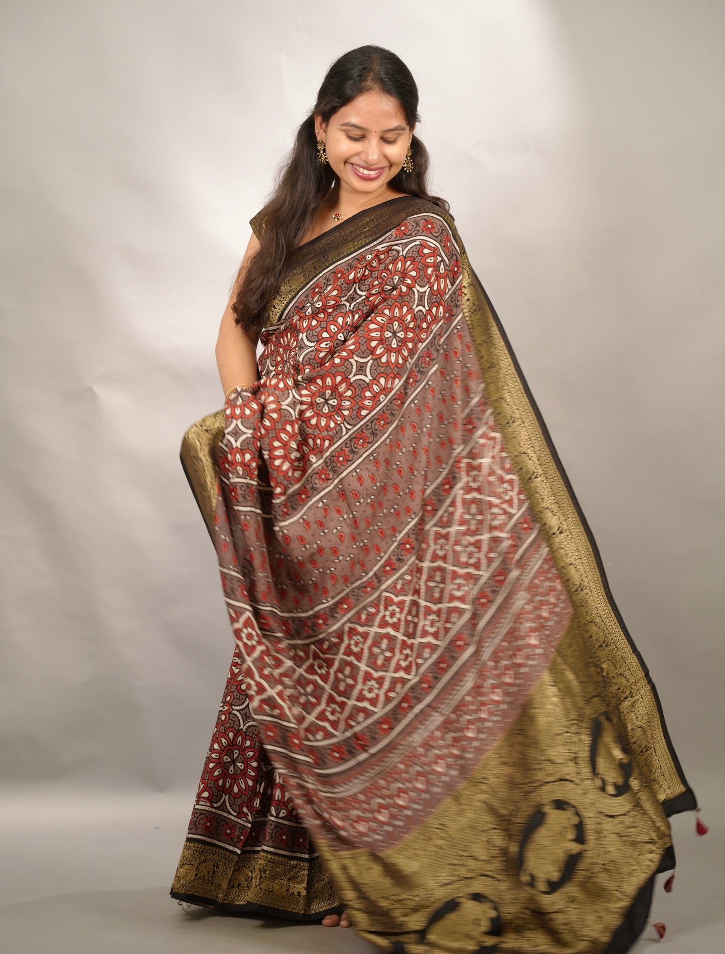 Ajrakh Handblock printed Dola Silk Saree | Looms & Tassels