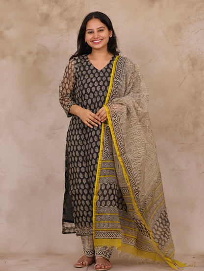 Black Handblock printed kota 3 piece suit (stitched)