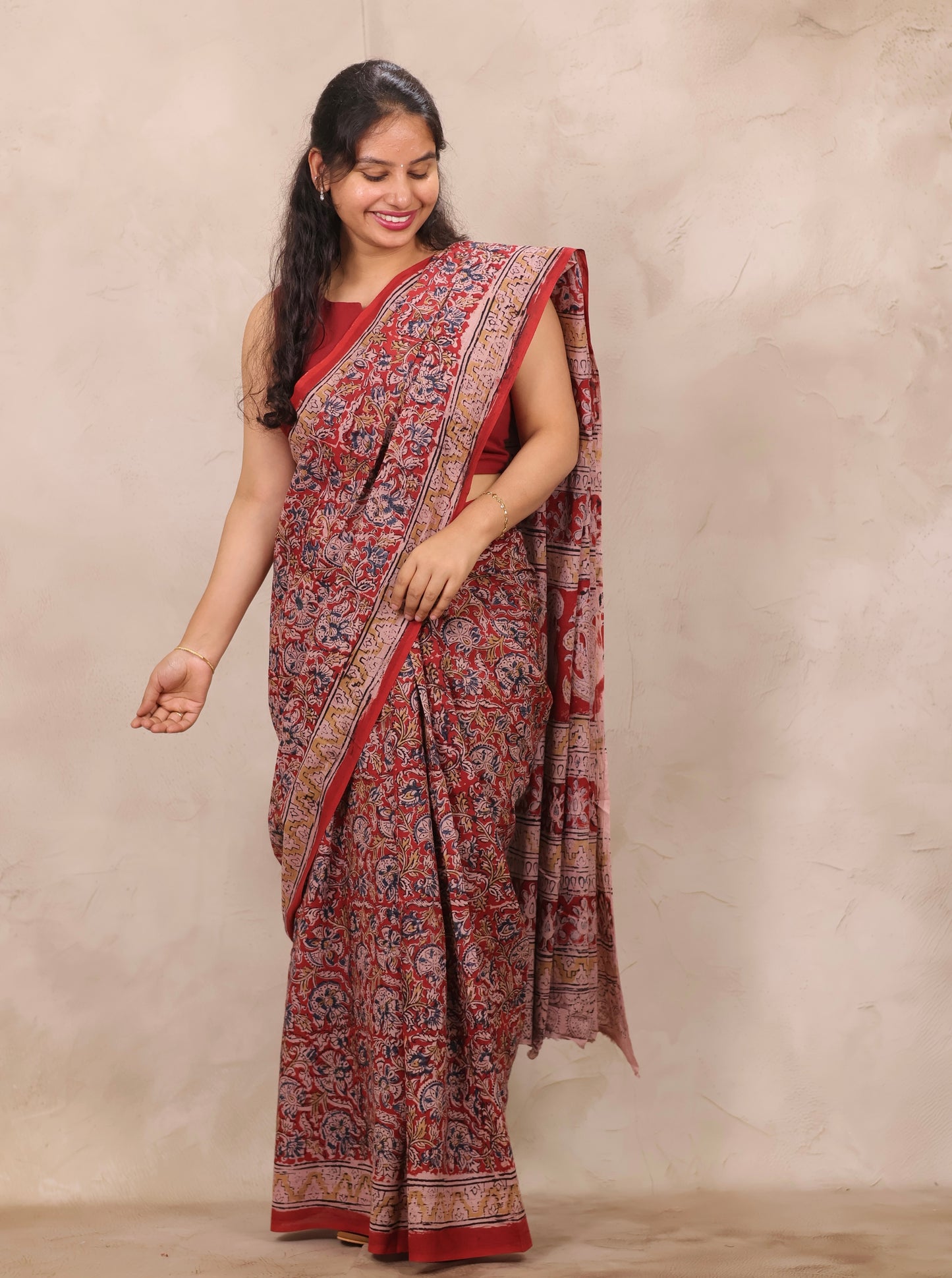 Red Hand Block Printed Kalamkari Cotton Saree | Looms & Tassels