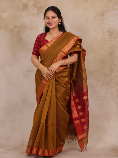 Mustard Handloom Maheswari Silk Cotton Sarees | Looms & Tassels