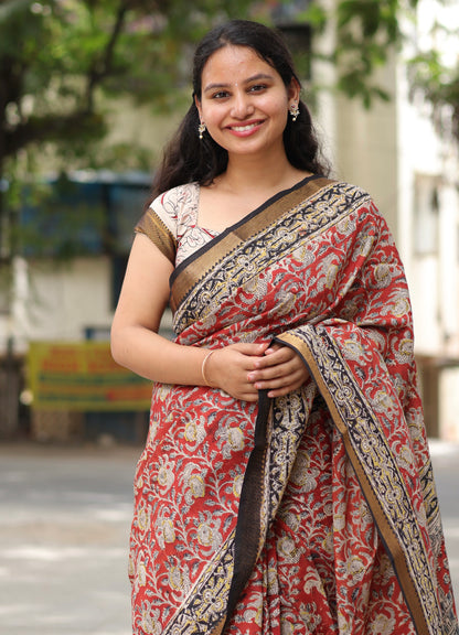 Red Hand Block Printed Kalamkari Nizam Border Silk Sare