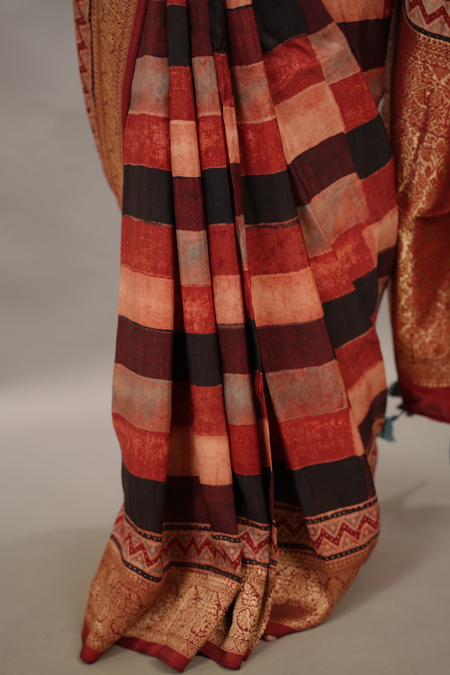 Contemporary Ajrakh Handblock printed Dola Silk Saree | Looms & Tassels