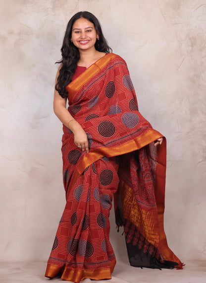 Red Ajrakh Hand Block Printed Mangalagiri Cotton Saree | Looms & Tassels
