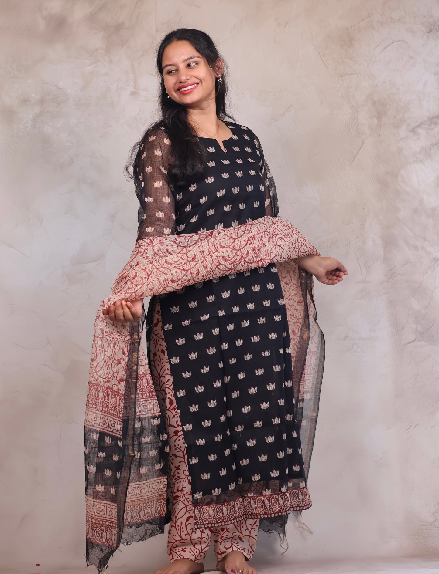 Black Handblock printed kota 3 piece suit (stitched)