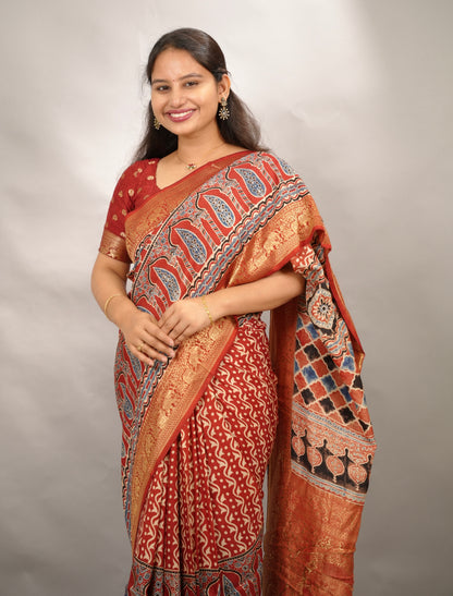 Red Ajrakh Handblock printed Dola Silk Saree | Looms & Tassels