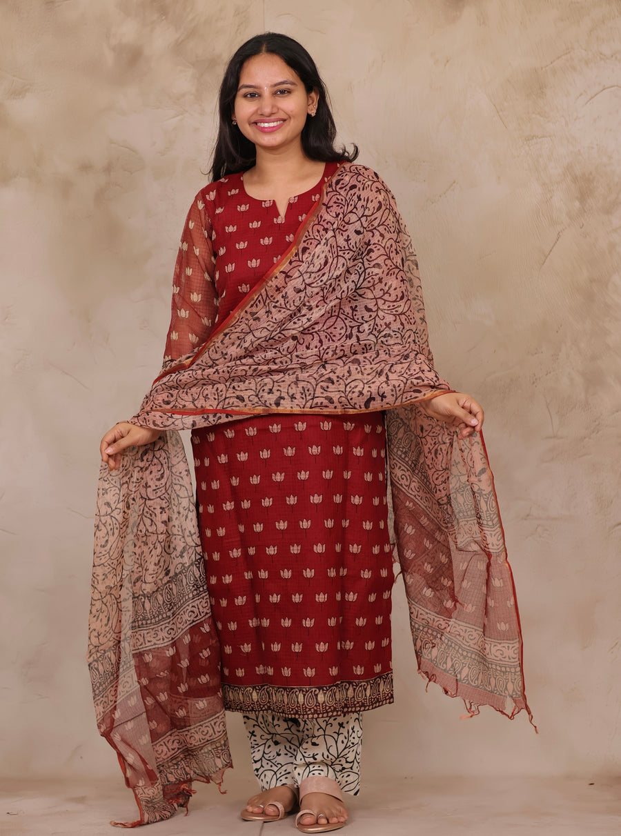 Deep Maroon Handblock printed kota 3 piece suit (stitched)