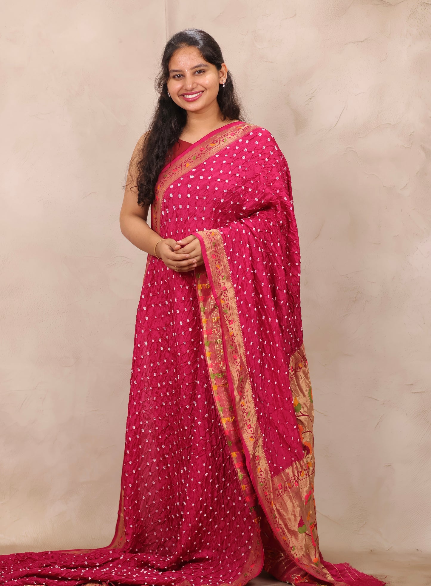 Pink Handcrafted Bandhani Paithani Dola Silk Saree | Looms & Tassels