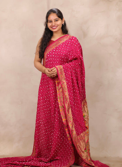 Pink Handcrafted Bandhani Paithani Dola Silk Saree | Looms & Tassels