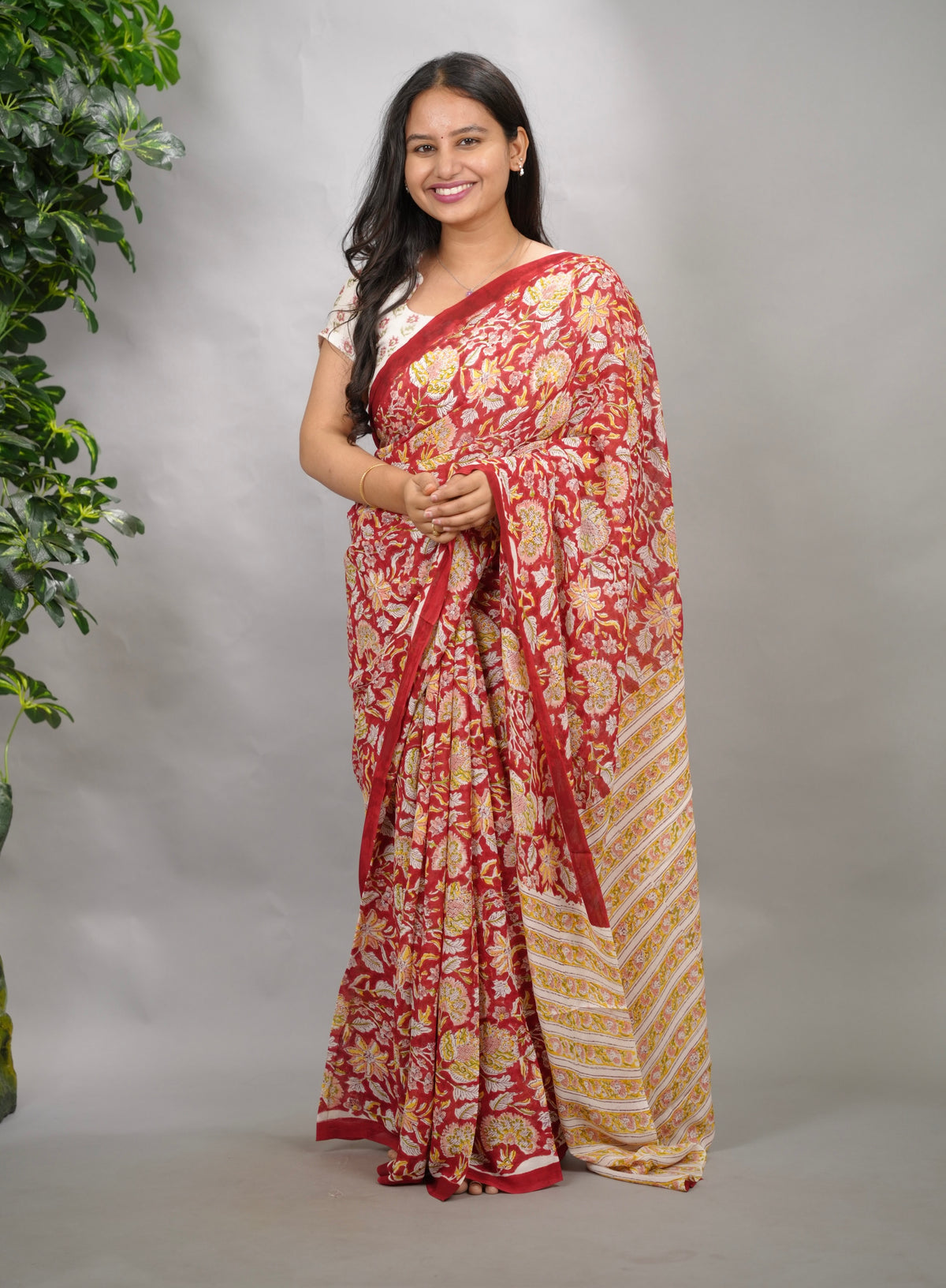 Maroon Georgette Hand Block Printed Saree| Looms & Tassels