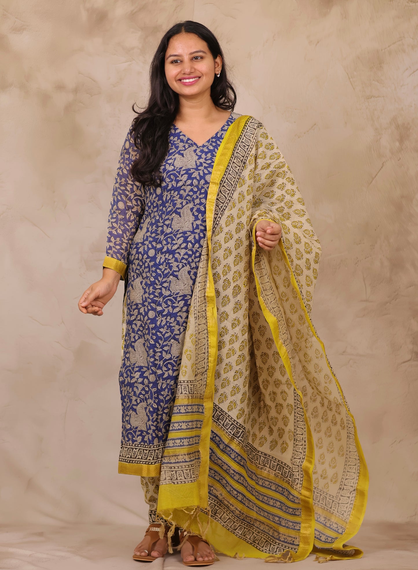 Blue Handblock printed Pure Maheswari Silk 3 piece suit (stitched)
