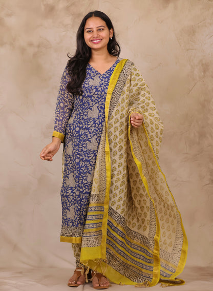 Blue Handblock printed Pure Maheswari Silk 3 piece suit (stitched)