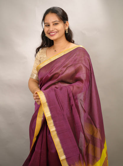Wine & Yellow Handloom Mangalagiri Silk Saree| Looms & Tassels