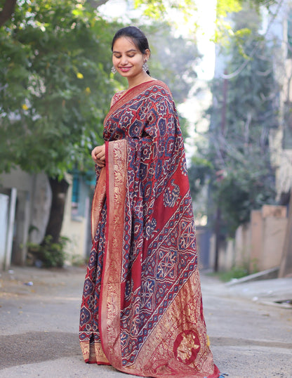 Ajrakh Dola Silk Saree