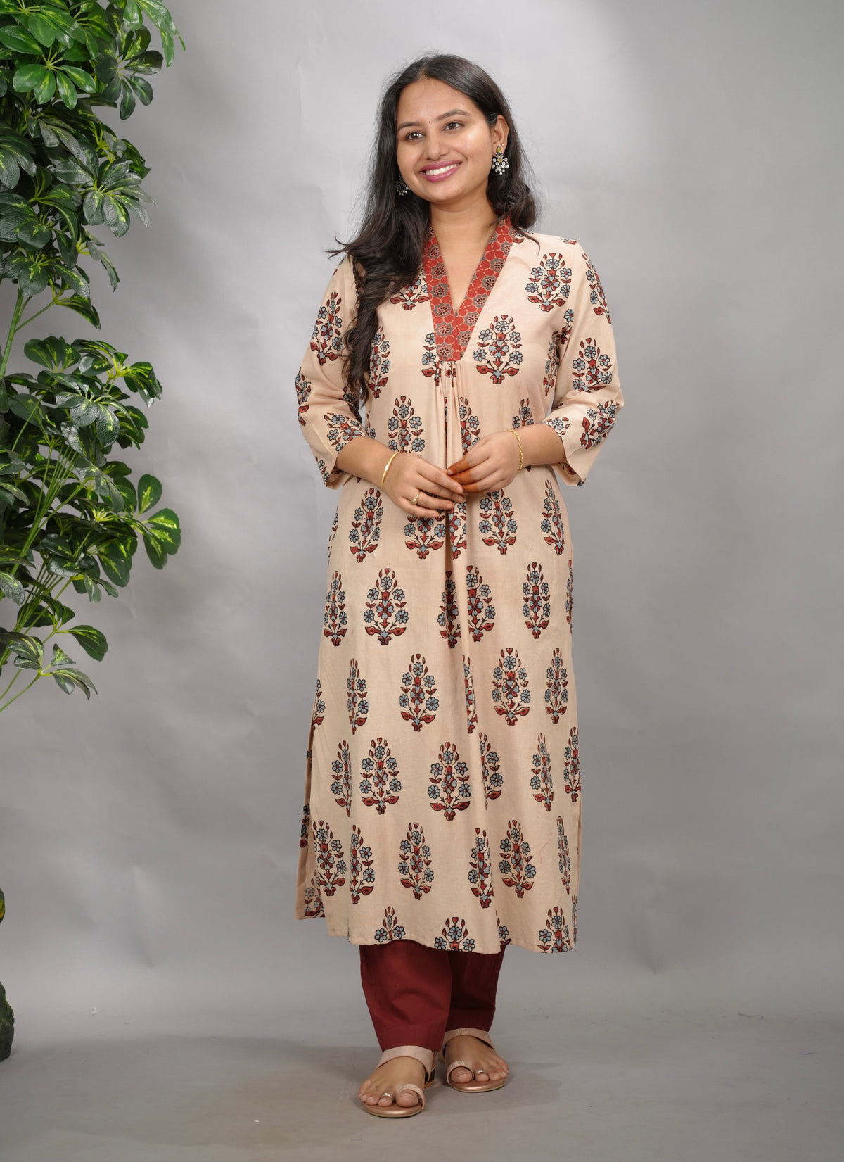 Cream Ajrakh Cotton Patchwork Aline Kurta | Looms & Tassels