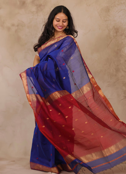 Blue & Red Handloom Maheswari Silk Cotton Sarees | Looms & Tassels