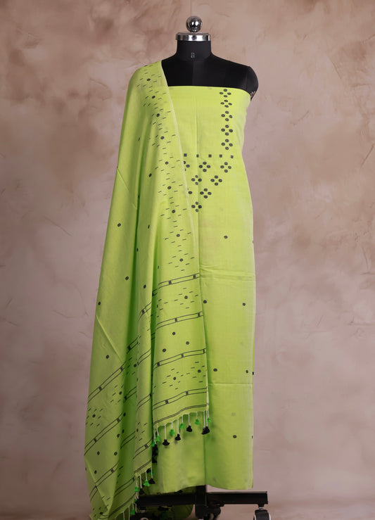 Pista Green Handwoven Jamdhani weaving pure Malai cotton 2 piece suit sets | Looms & Tassels