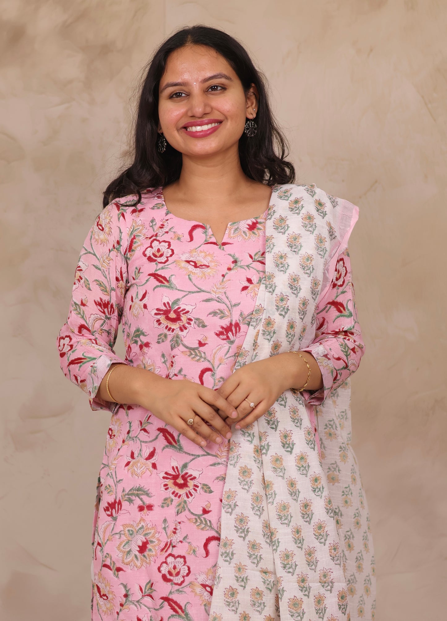 Baby Pink Linen Cotton Handblock printed 3 piece suit (stitched)