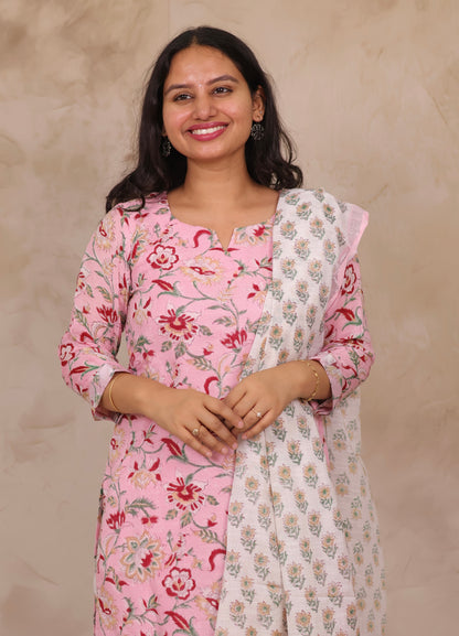 Baby Pink Linen Cotton Handblock printed 3 piece suit (stitched)