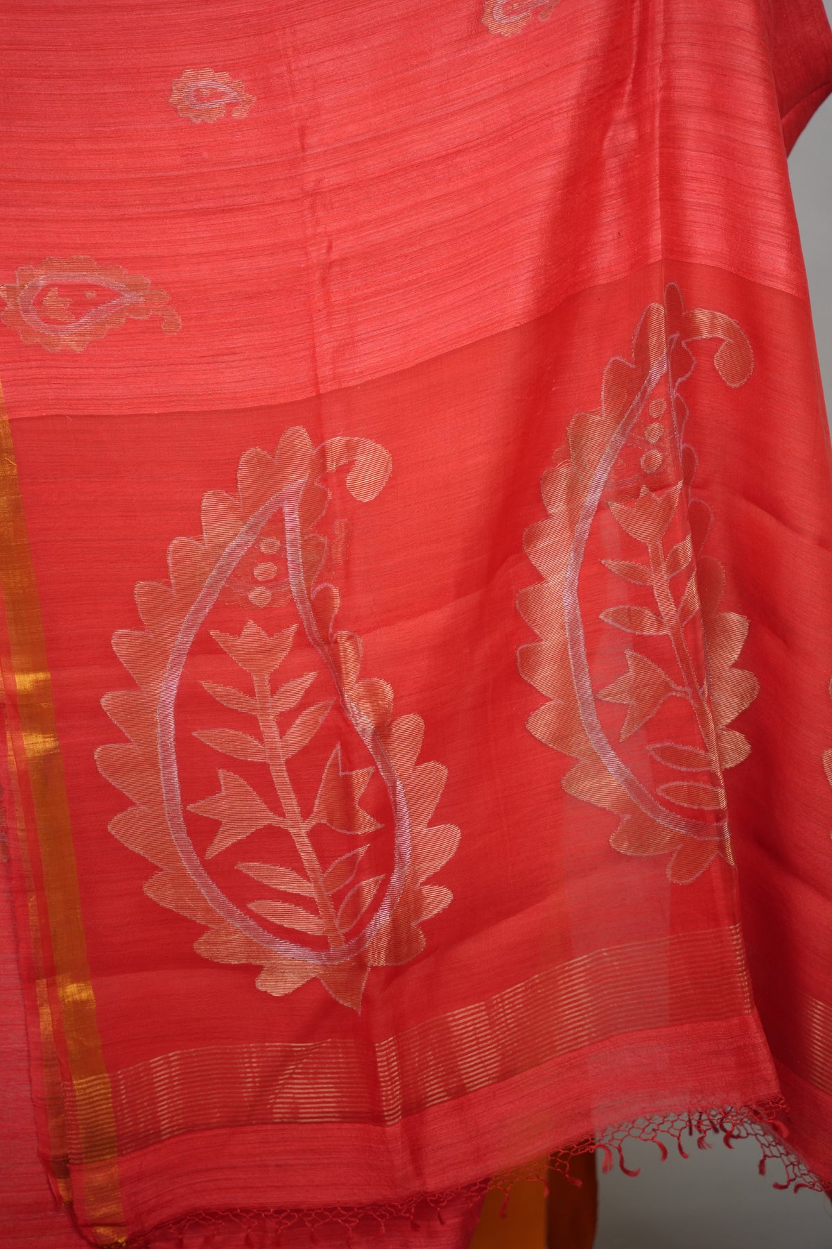 Red Handloom Jamdhani Pure Matka Silk Saree with Muslin Silk Pallu