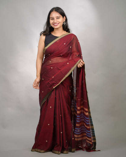 Maroon Narayanpet Cotton Saree With Butta Weaving | Looms & Tassels