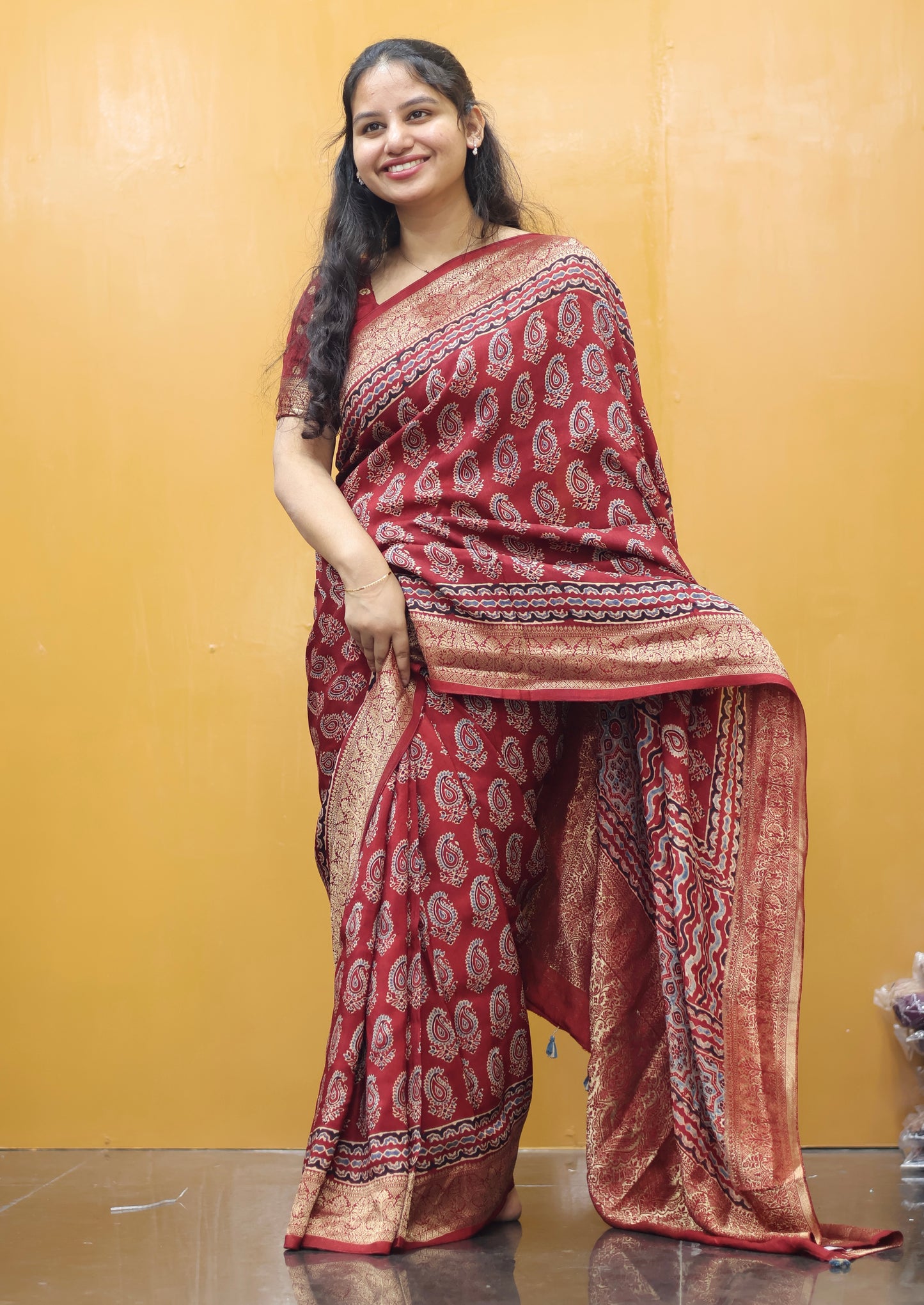 Maroon Butta Ajrakh Handblock Printed Dola Silk Saree