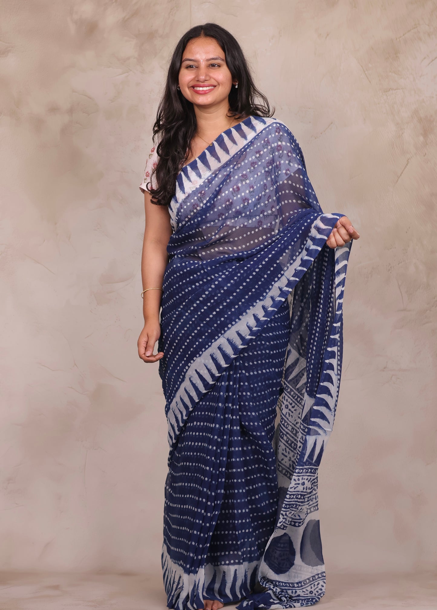 Indigo Chiffon Hand Block Printed Saree | Looms & Tassels