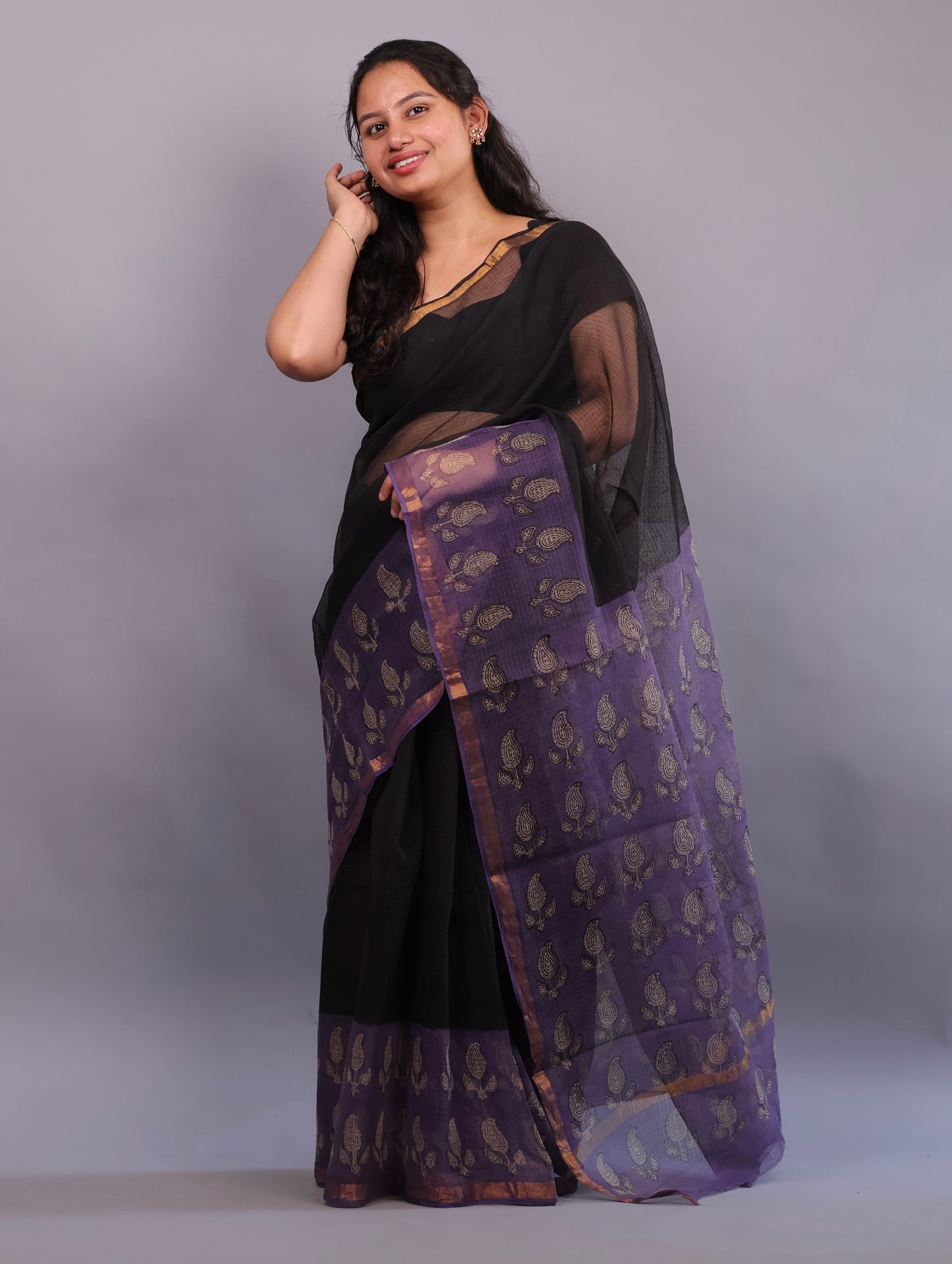 Pure Kota Doria Saree with Bagru Handblock Prints – Black | Looms&Tassels