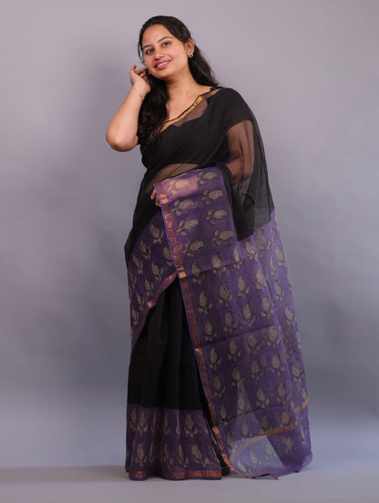 Pure Kota Doria Saree with Bagru Handblock Prints – Black | Looms&Tassels