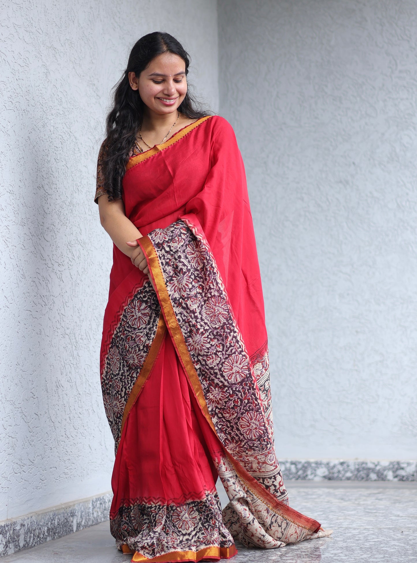 Kalamkari dyeing premium chennur silk with hand block print saree