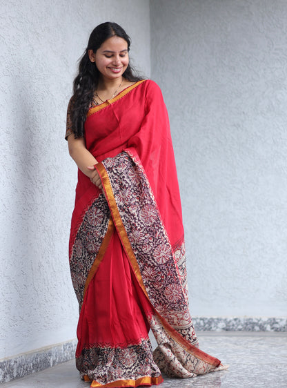 Kalamkari dyeing premium chennur silk with hand block print saree