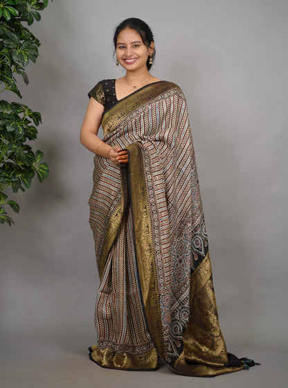 Contemporary Ajrakh Handblock printed Dola Silk Saree | Looms & Tassels