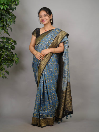 Ajrakh Dola Silk Saree - Blue | Looms & Tassels