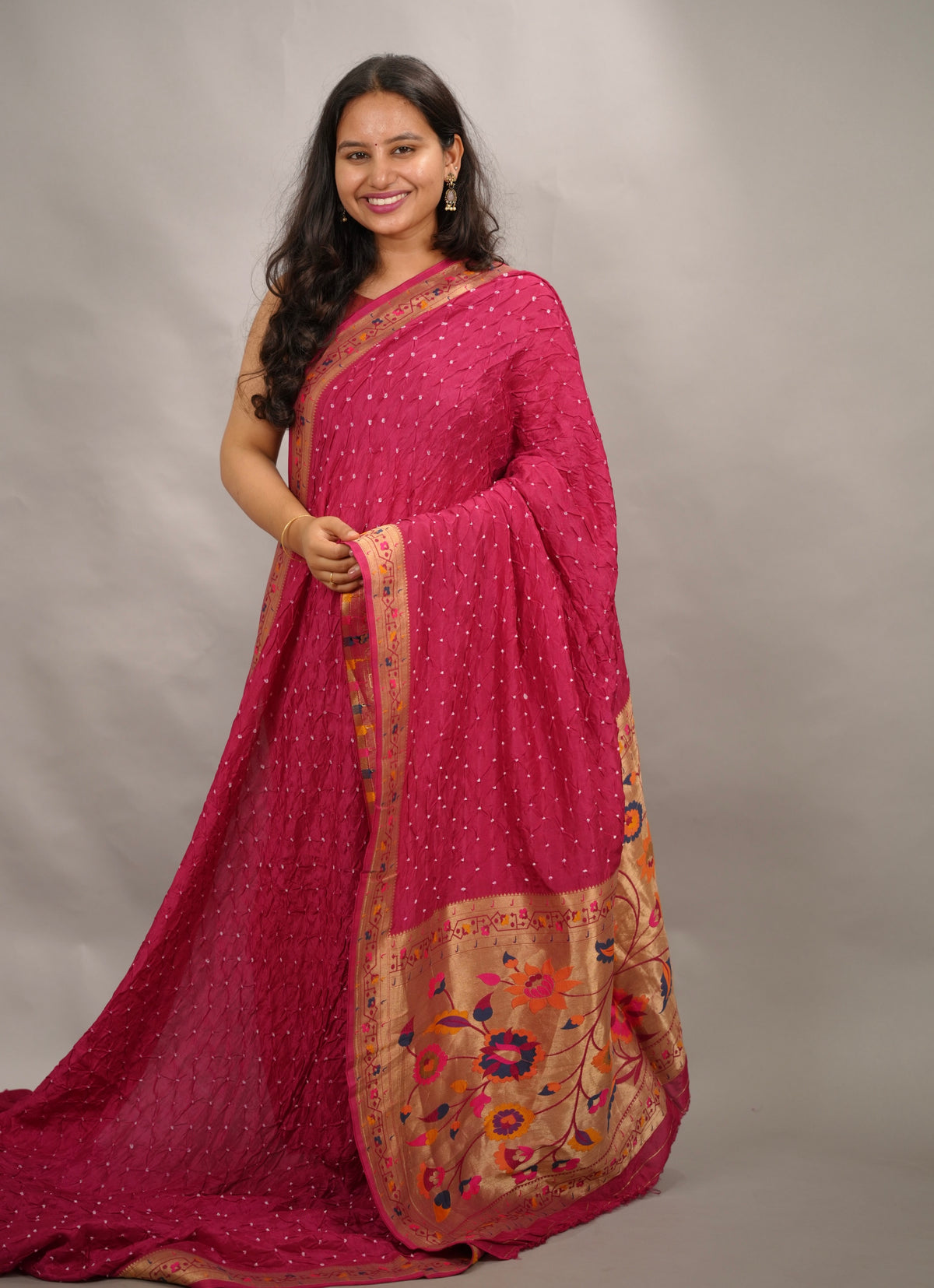 Magenta Pink Handcrafted Bandhani Paithani Dola Silk Saree | Looms & Tassels