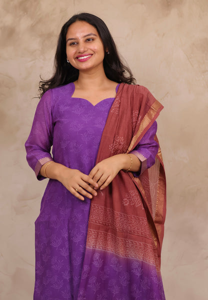 Purple Handblock printed Pure Maheswari Silk 3 piece suit (stitched)
