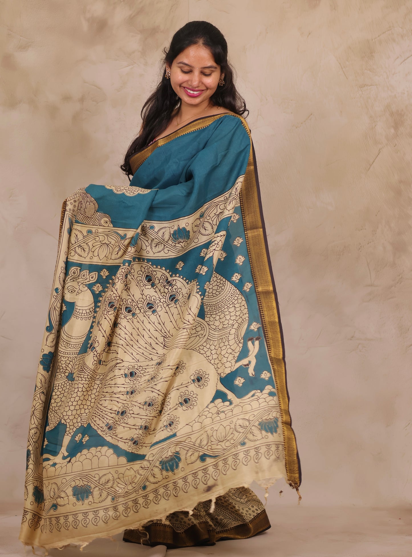 Blue Kalamkari Nizam Border Chennur Silk Saree | Looms & Tassels