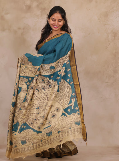 Blue Kalamkari Nizam Border Chennur Silk Saree | Looms & Tassels