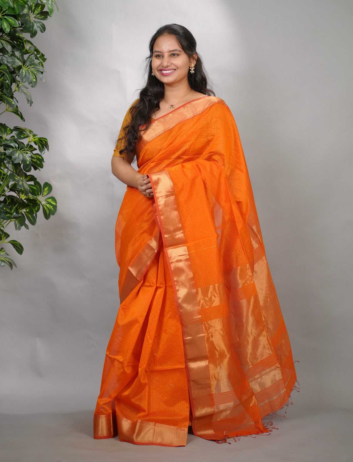 Orange Checks Handloom Maheswari Silk Cotton Sarees | Looms & Tassels