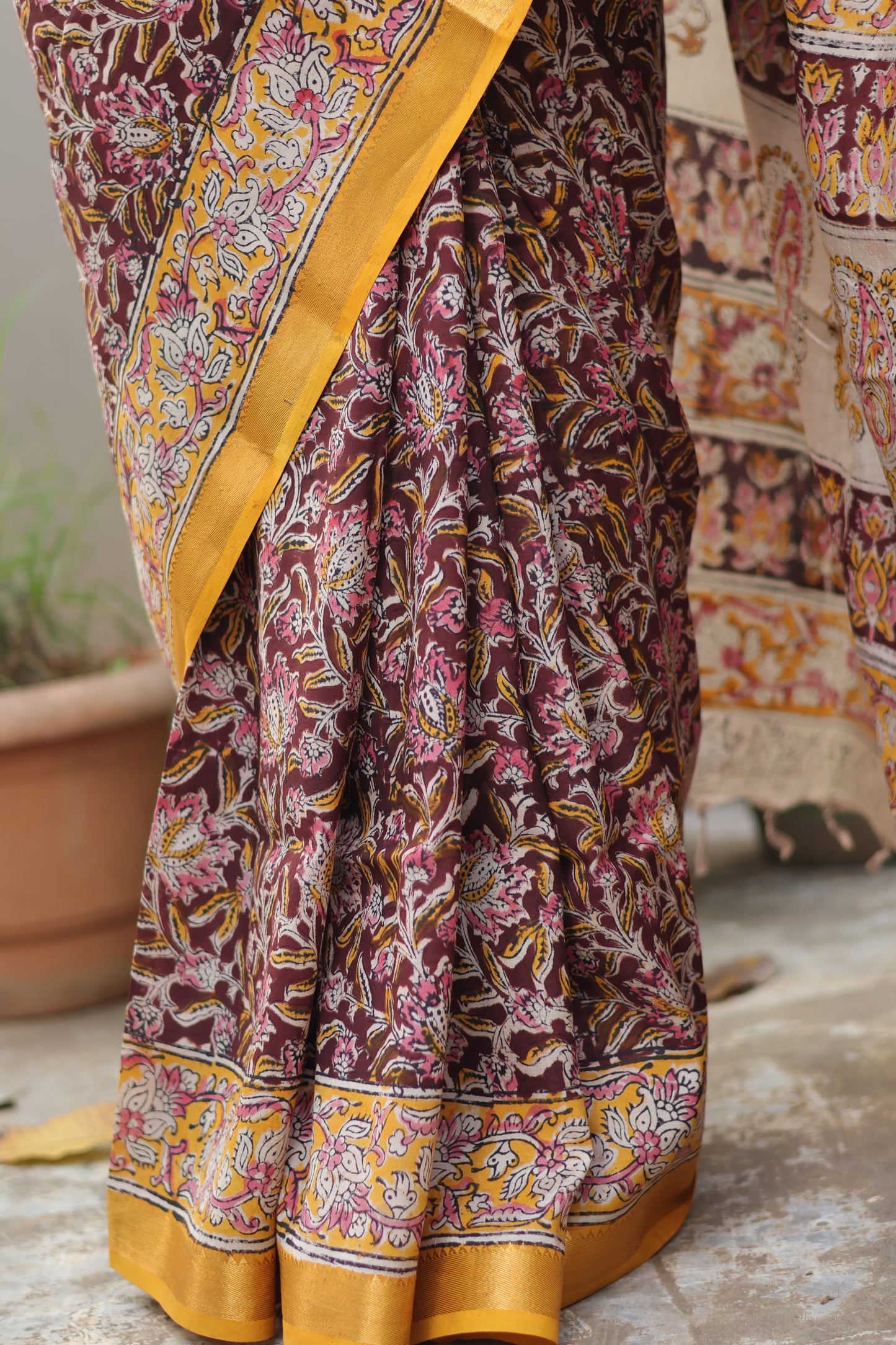 Maroon Hand Block Printed Kalamkari Nizam Border Silk Sare