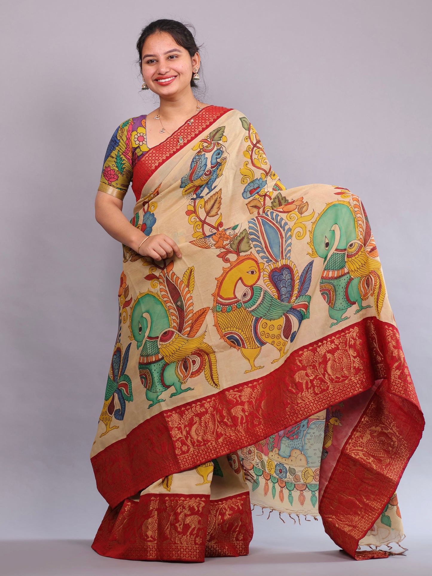 Cream Hand Painted Pen Kalamkari Silk Saree