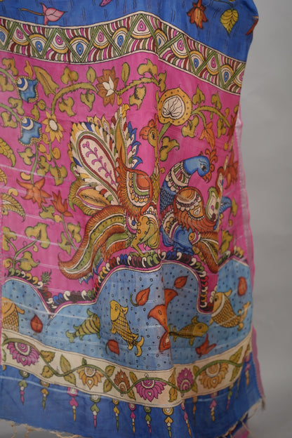 Blue Hand Drawn Pen Mangalagiri Silk Saree | Looms & Tassels