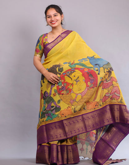 Yellow Hand Painted Pen Kalamkari Silk Saree