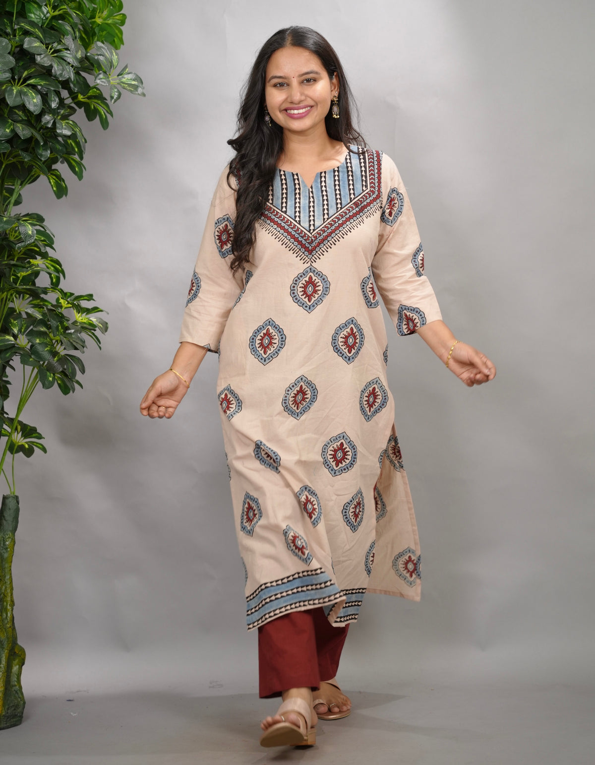 Cream Ajrakh Pattern Hand Block printed Kurti | Looms & Tassels