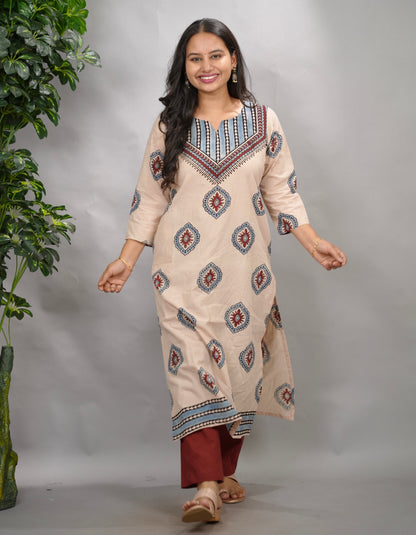 Cream Ajrakh Pattern Hand Block printed Kurti | Looms & Tassels