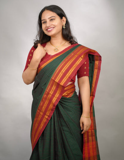 Bottle Green Checks Narayanpet Cotton Saree with Traditional contrast Border | Looms & Tassels