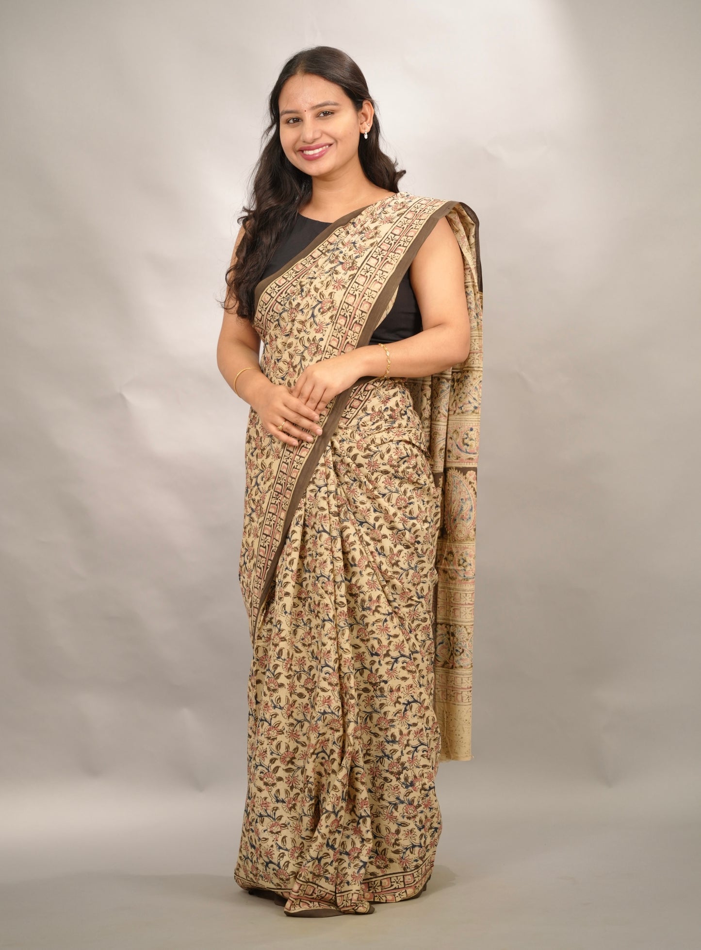 Cream Hand Block Printed Kalamkari Cotton Saree | Looms & Tassels