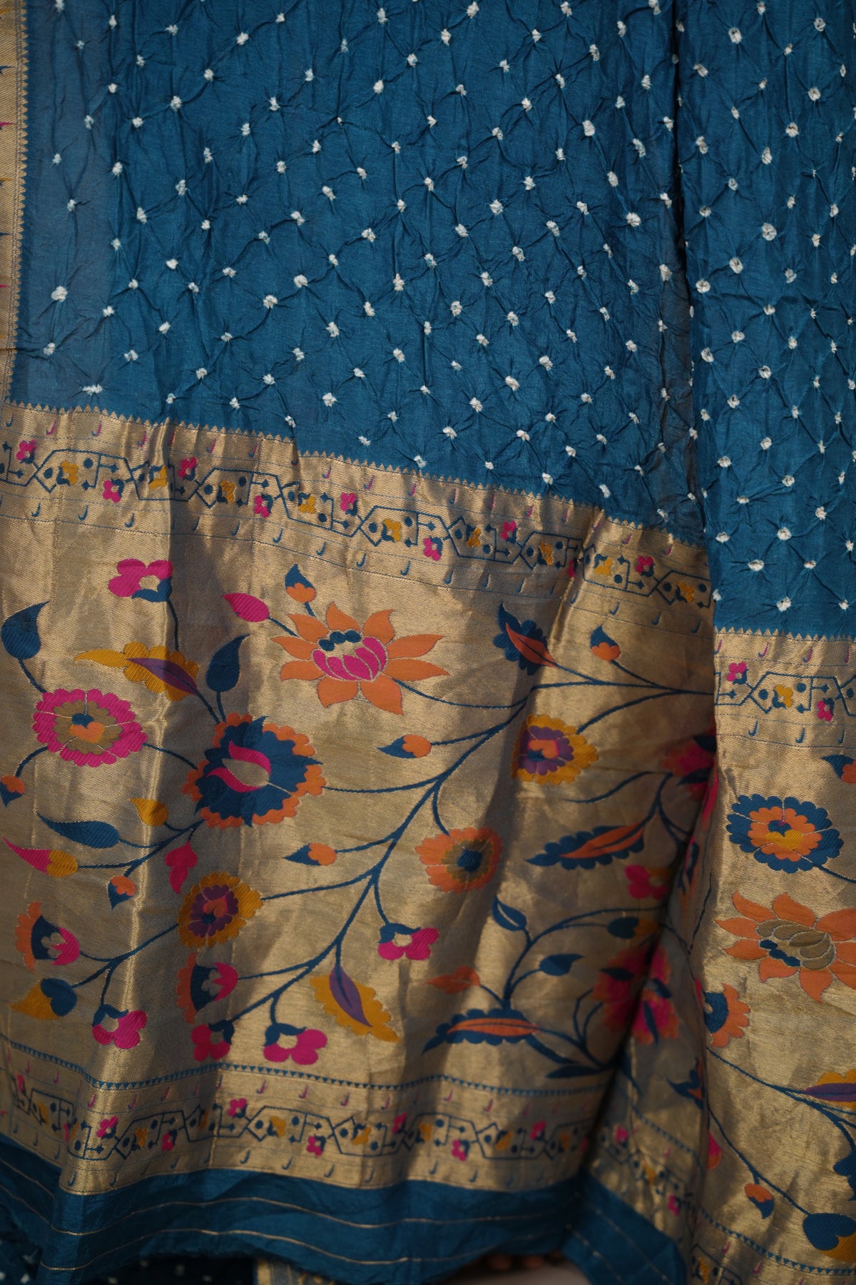Cyan Blue Handcrafted Bandhani Paithani Dola Silk Saree | Looms & Tassels