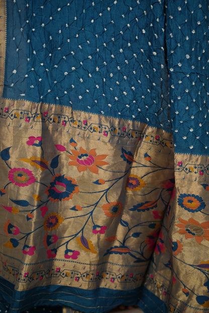 Cyan Blue Handcrafted Bandhani Paithani Dola Silk Saree | Looms & Tassels