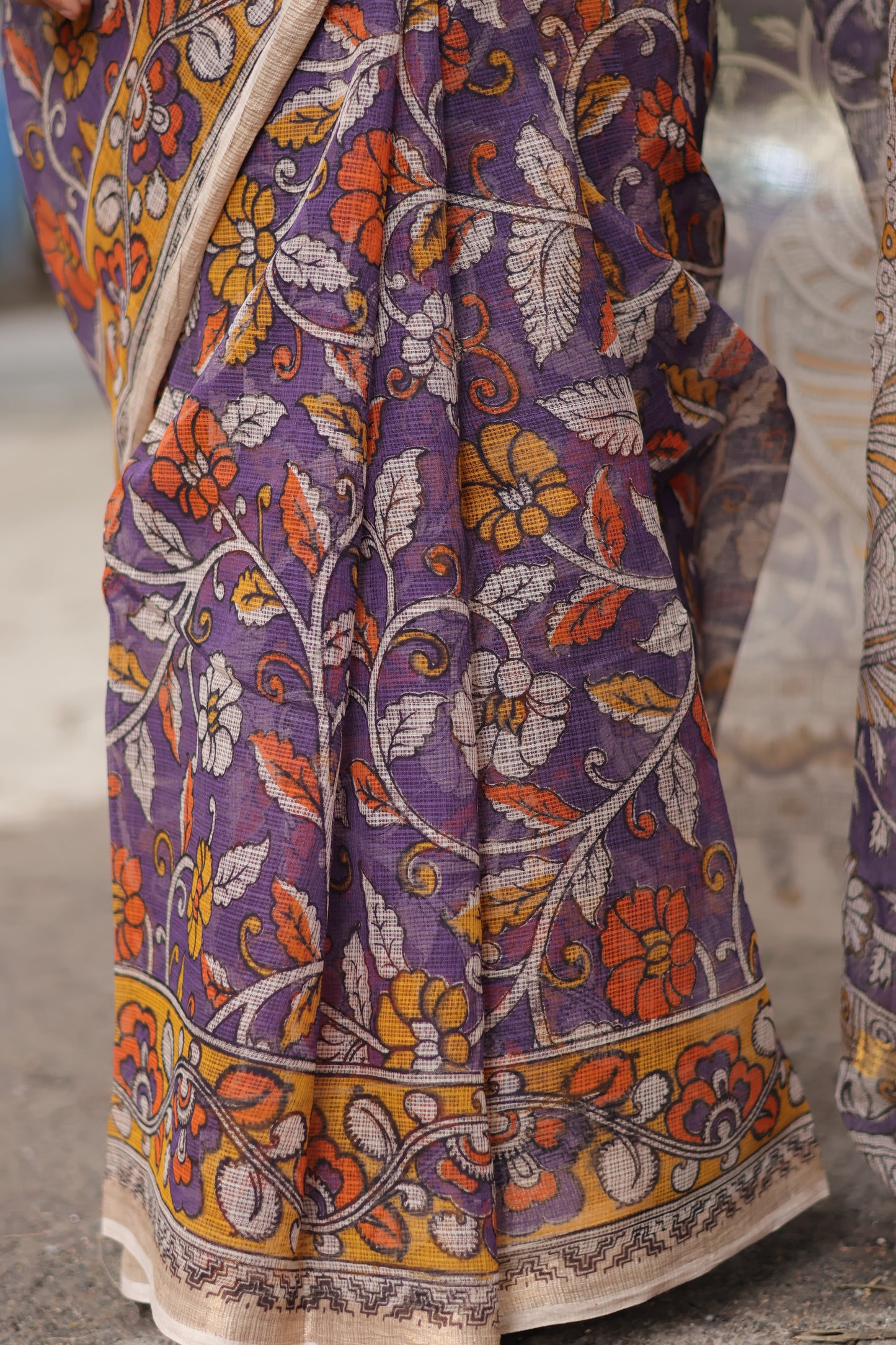 Lavender Kalamkari printed Kota Doriya Saree