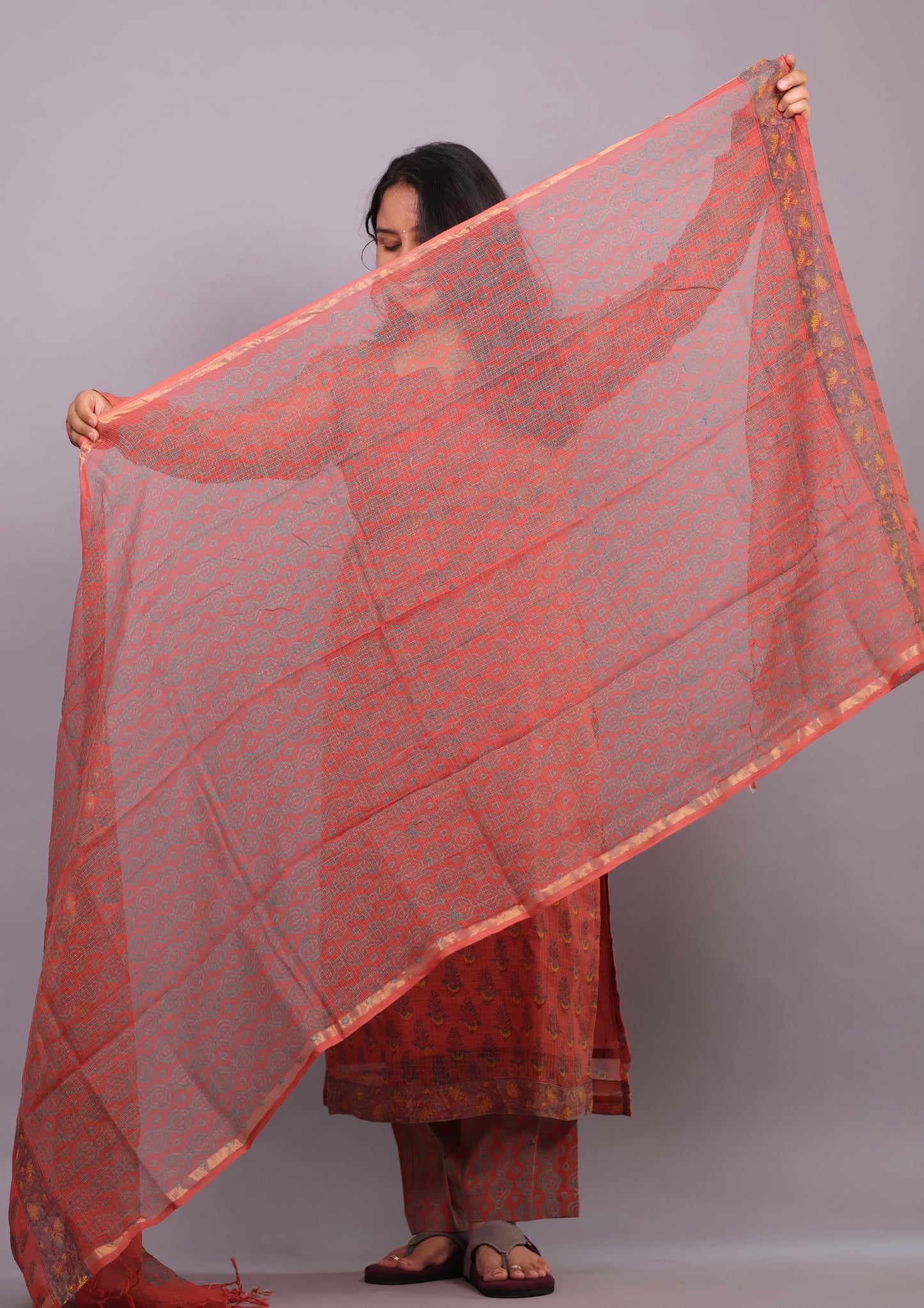Rust orange Handblock printed kota 3 piece suit with chudi sleeves (stitched)