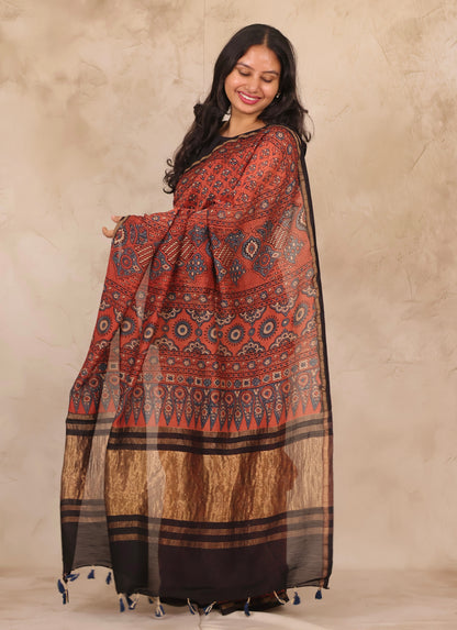 Maheswari Silk Cotton Ajrakh Handblock Printed Saree | Looms & Tassels